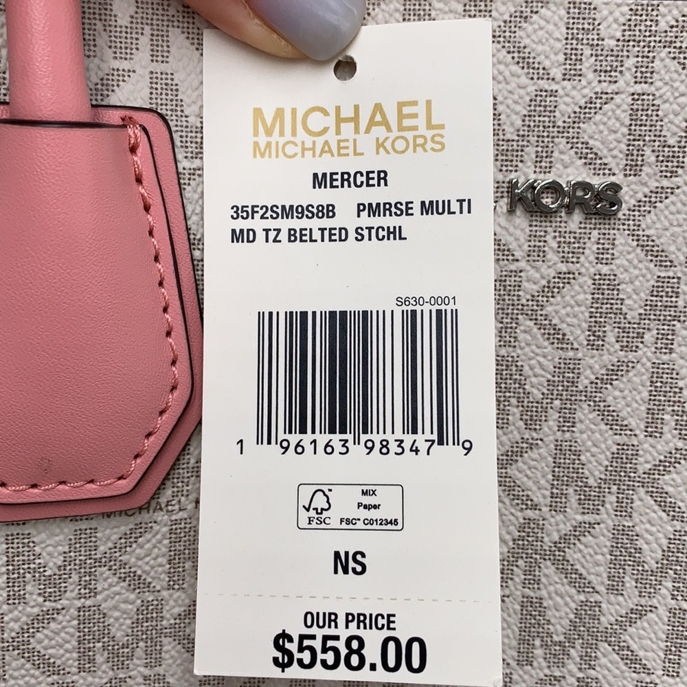 MICHAEL KORS MERCER MEDIUM TOP ZIP BELTED SATCHEL PRIMROSE VANILLA SIGNATURE - Picture 16 of 16